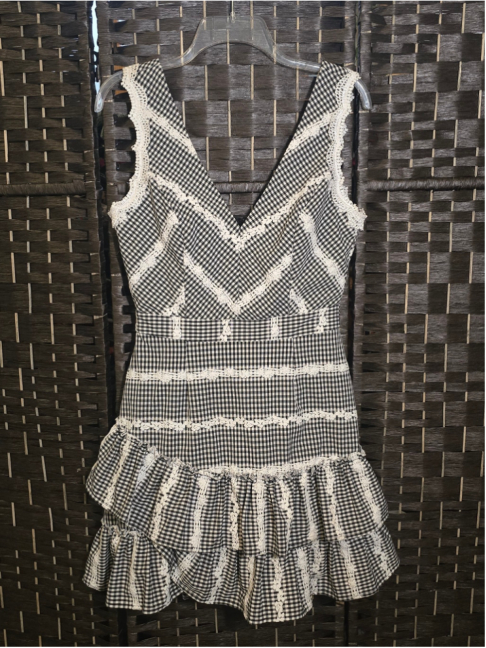 Adelyn Rae Belle Gingham Crochet Lace Ruffle V-Neck Mini Dress Size S
